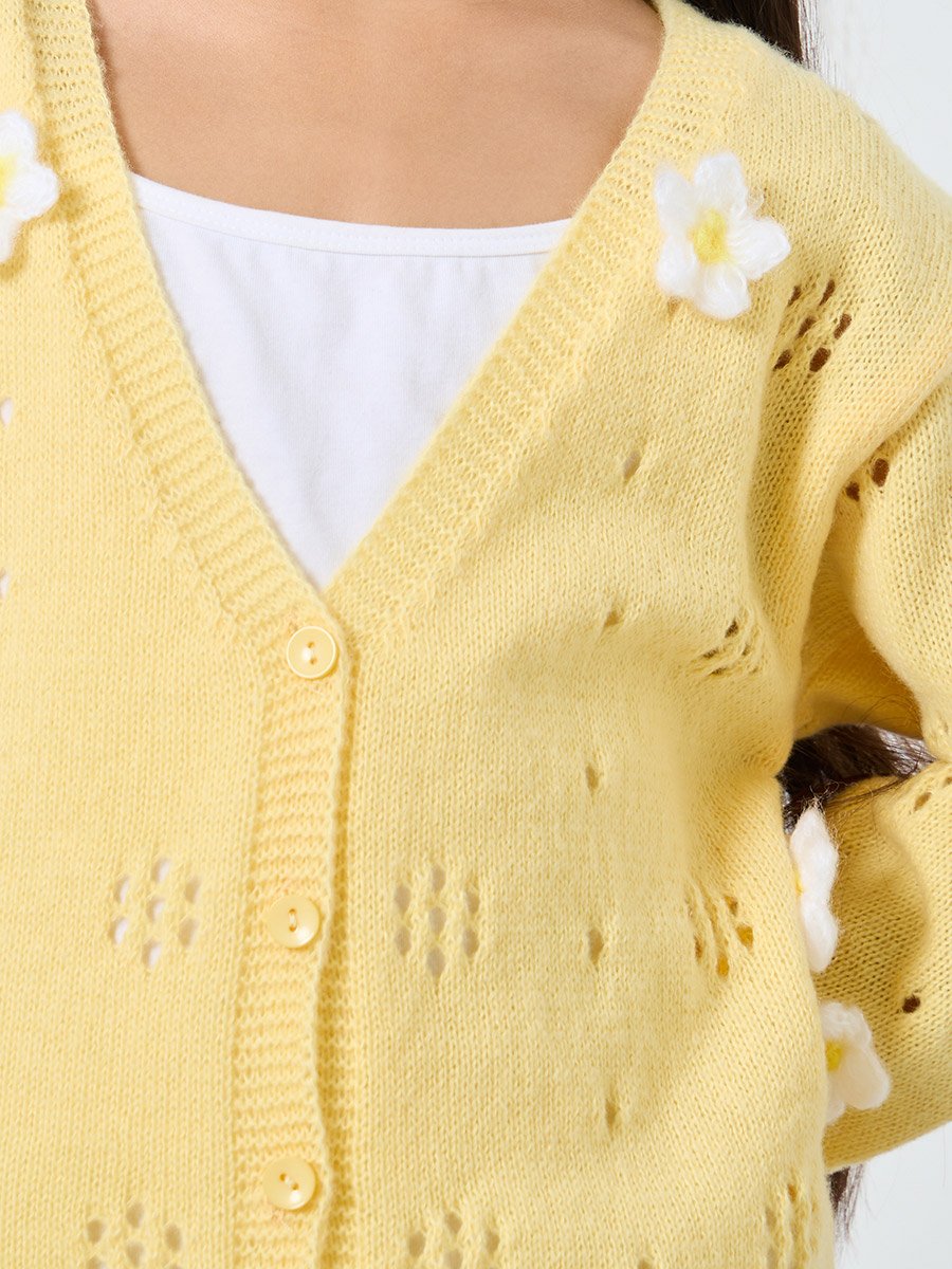 Girls Yellow Flower Knit Cardigan