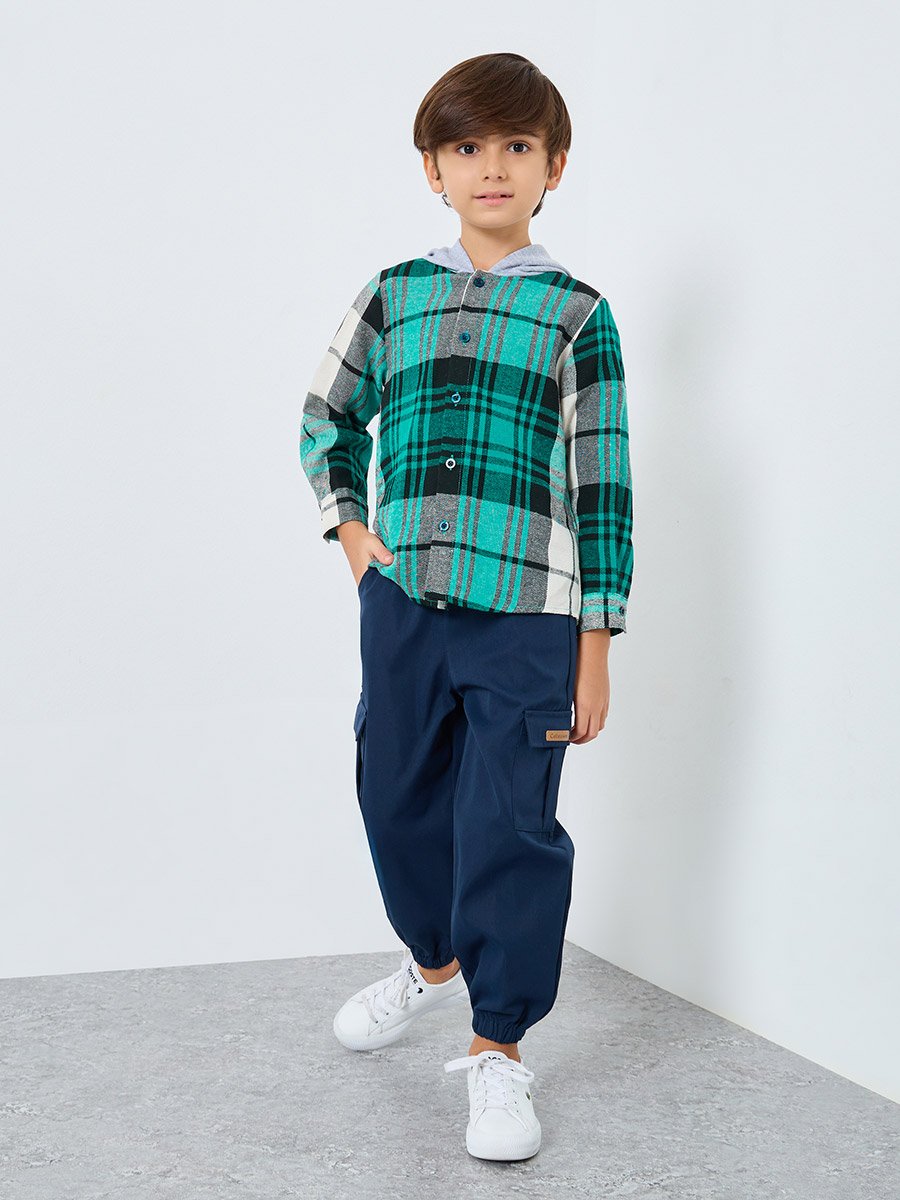 Boys Checked Hooded Shirt and Cargo Pants Set