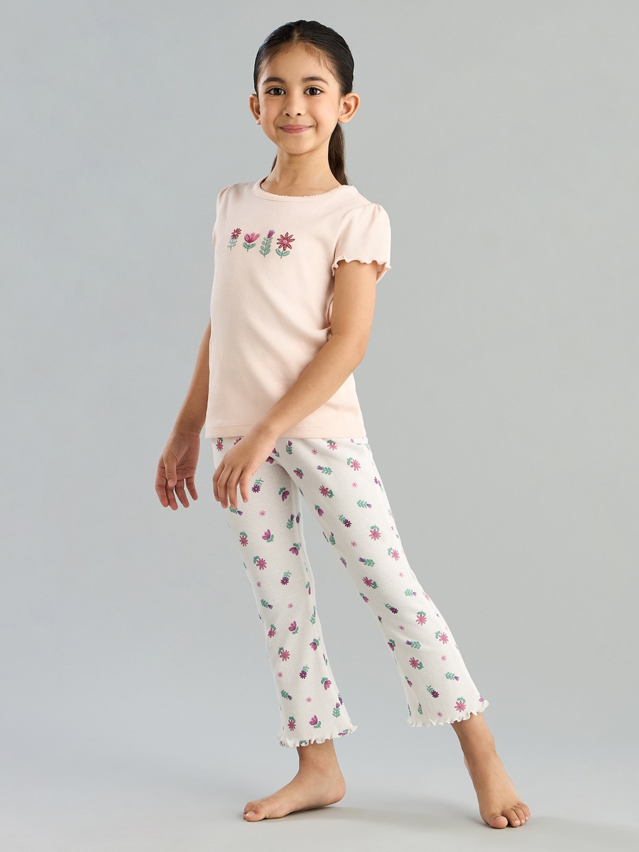 Floral Embroidered T-Shirt and Pyjama Set
