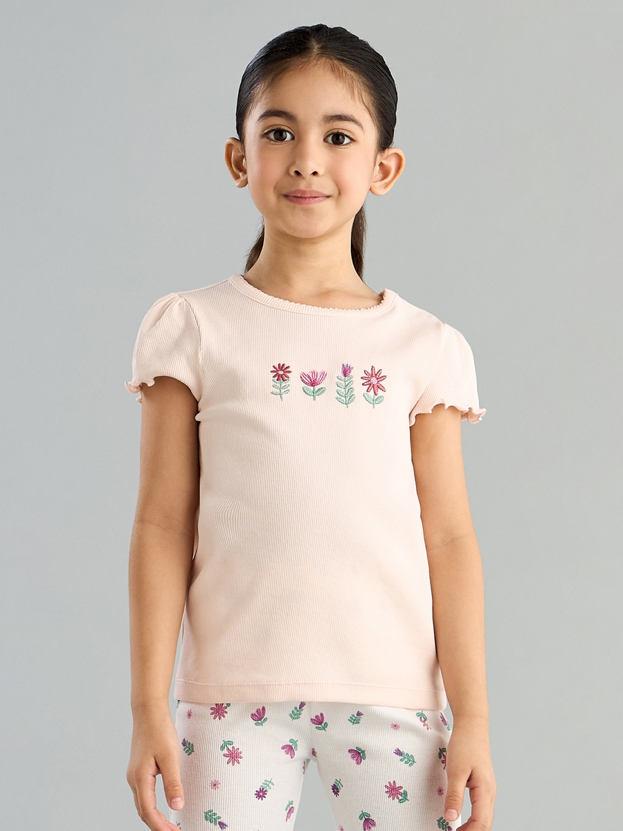 Floral Embroidered T-Shirt and Pyjama Set