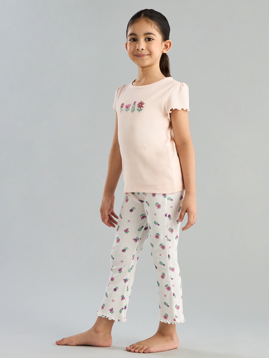 Floral Embroidered T-Shirt and Pyjama Set