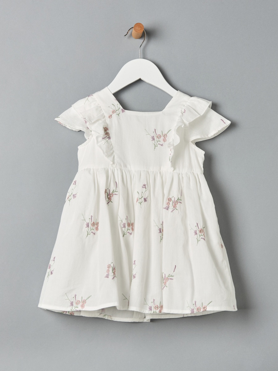 Embroidered Dress with Short Sleeves and Flutter Detail