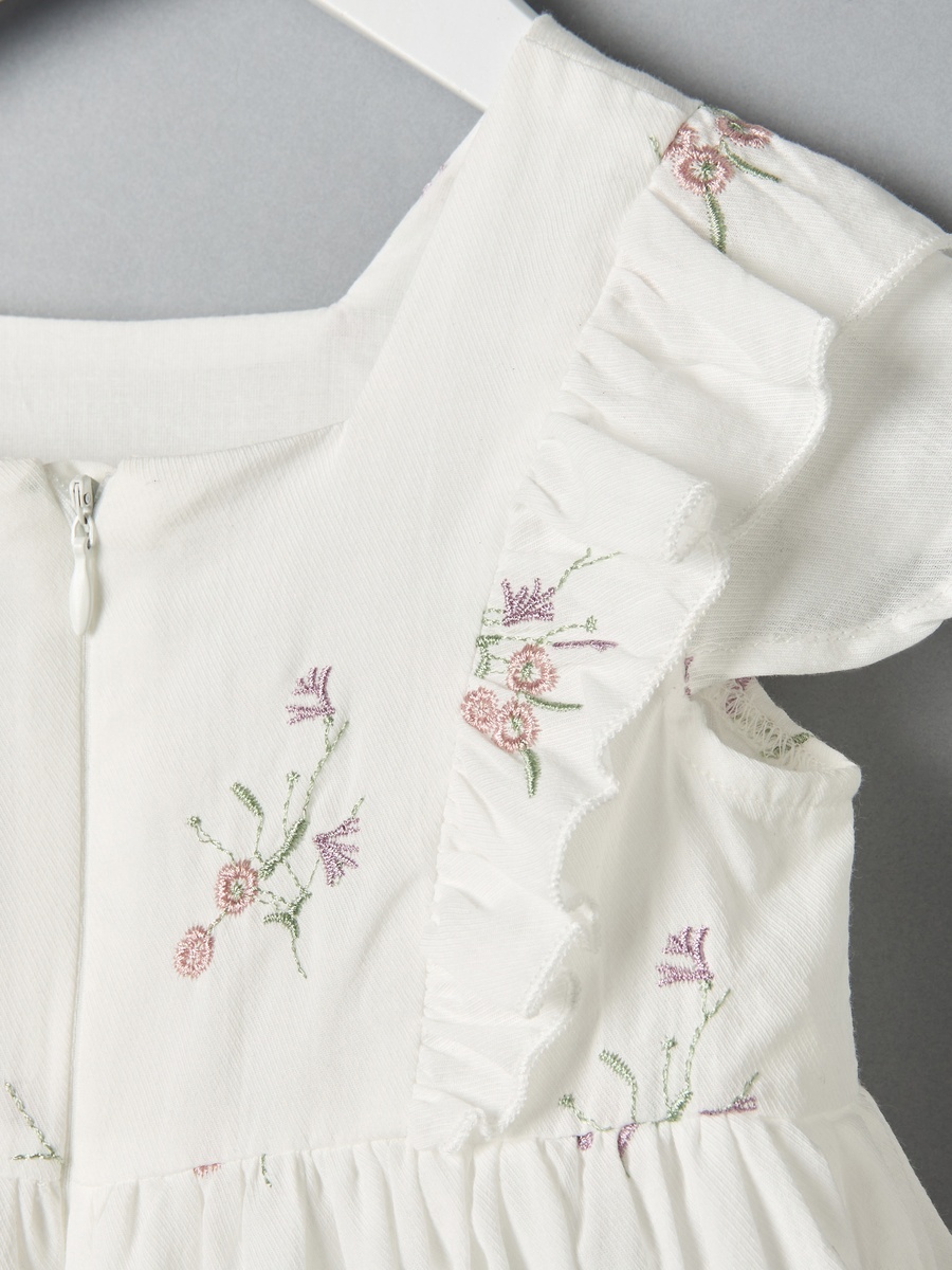 Embroidered Dress with Short Sleeves and Flutter Detail