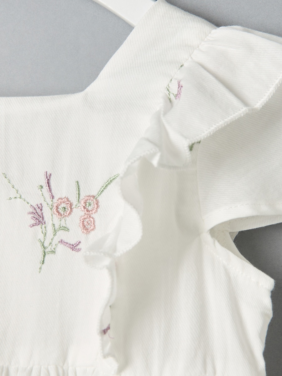 Embroidered Dress with Short Sleeves and Flutter Detail