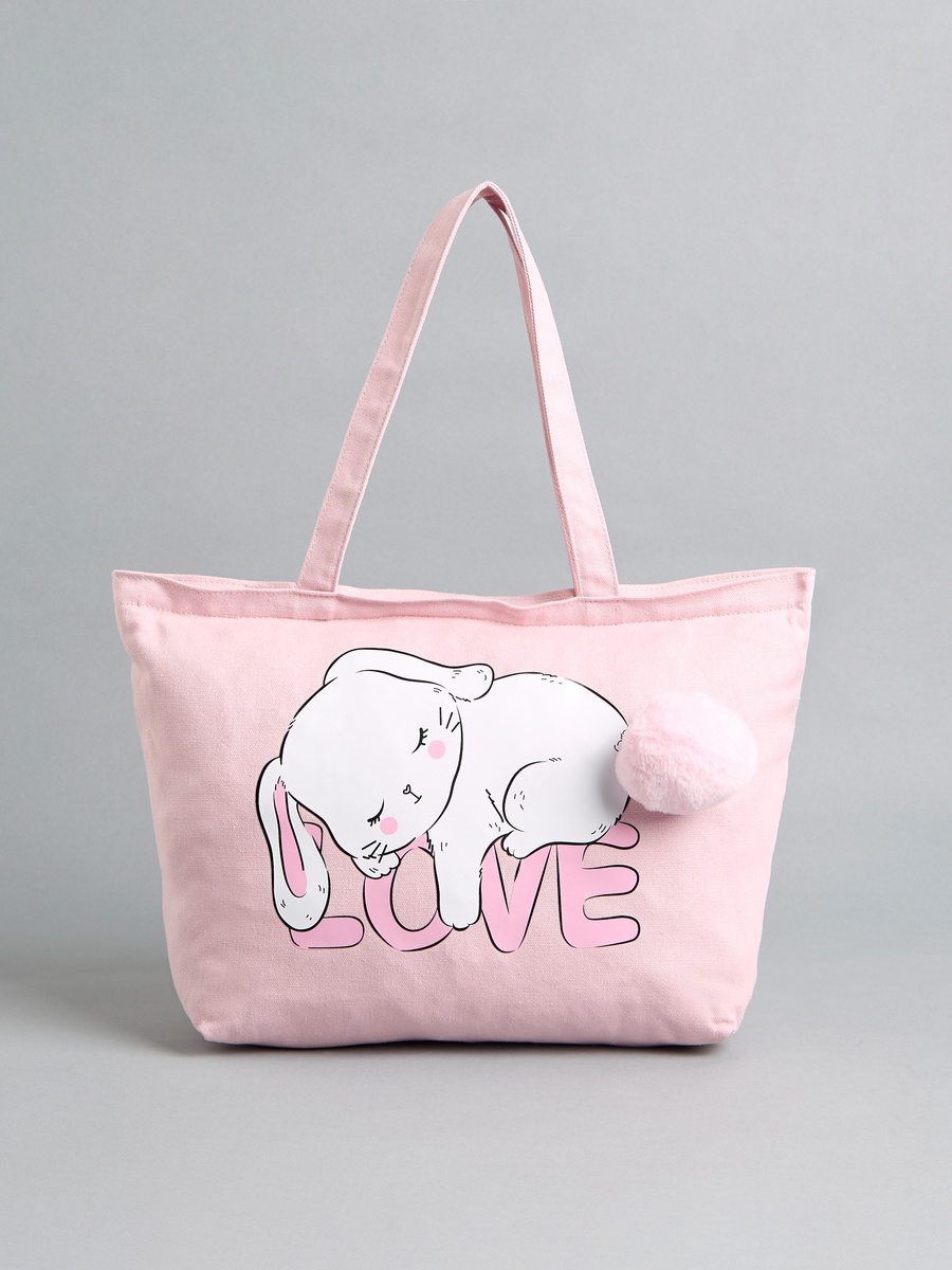 Pom-Pom Bunny Print Tote Bag with Zip Closure