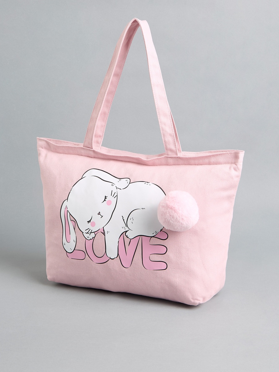 Pom-Pom Bunny Print Tote Bag with Zip Closure