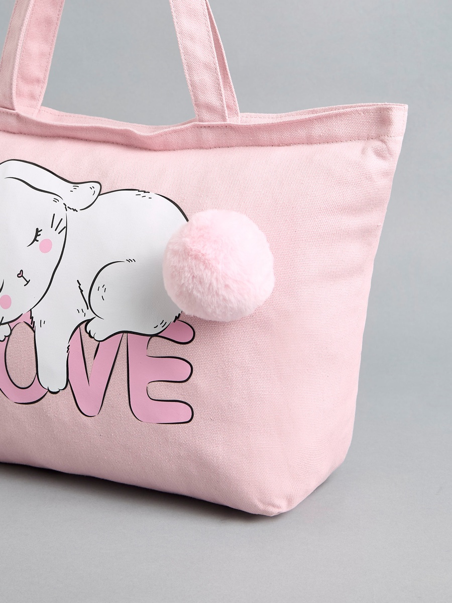 Pom-Pom Bunny Print Tote Bag with Zip Closure