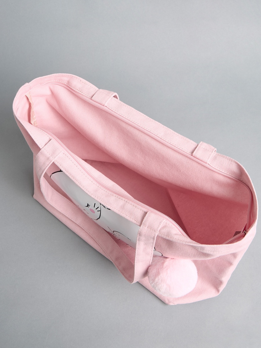Pom-Pom Bunny Print Tote Bag with Zip Closure