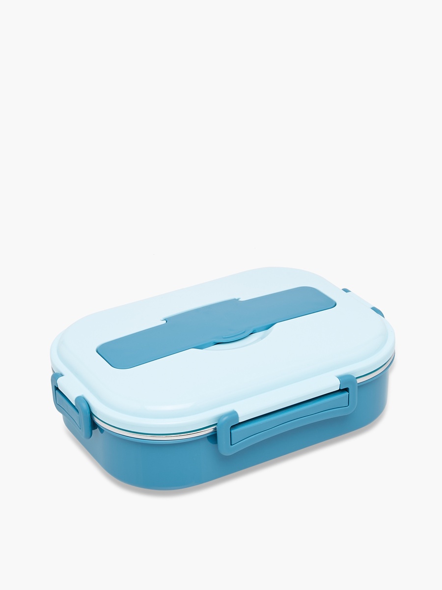 Solid Stainless Steel Sectioned Lunch Box with Cutlery and Clip Lock Closure