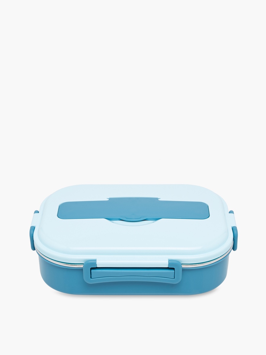 Solid Stainless Steel Sectioned Lunch Box with Cutlery and Clip Lock Closure