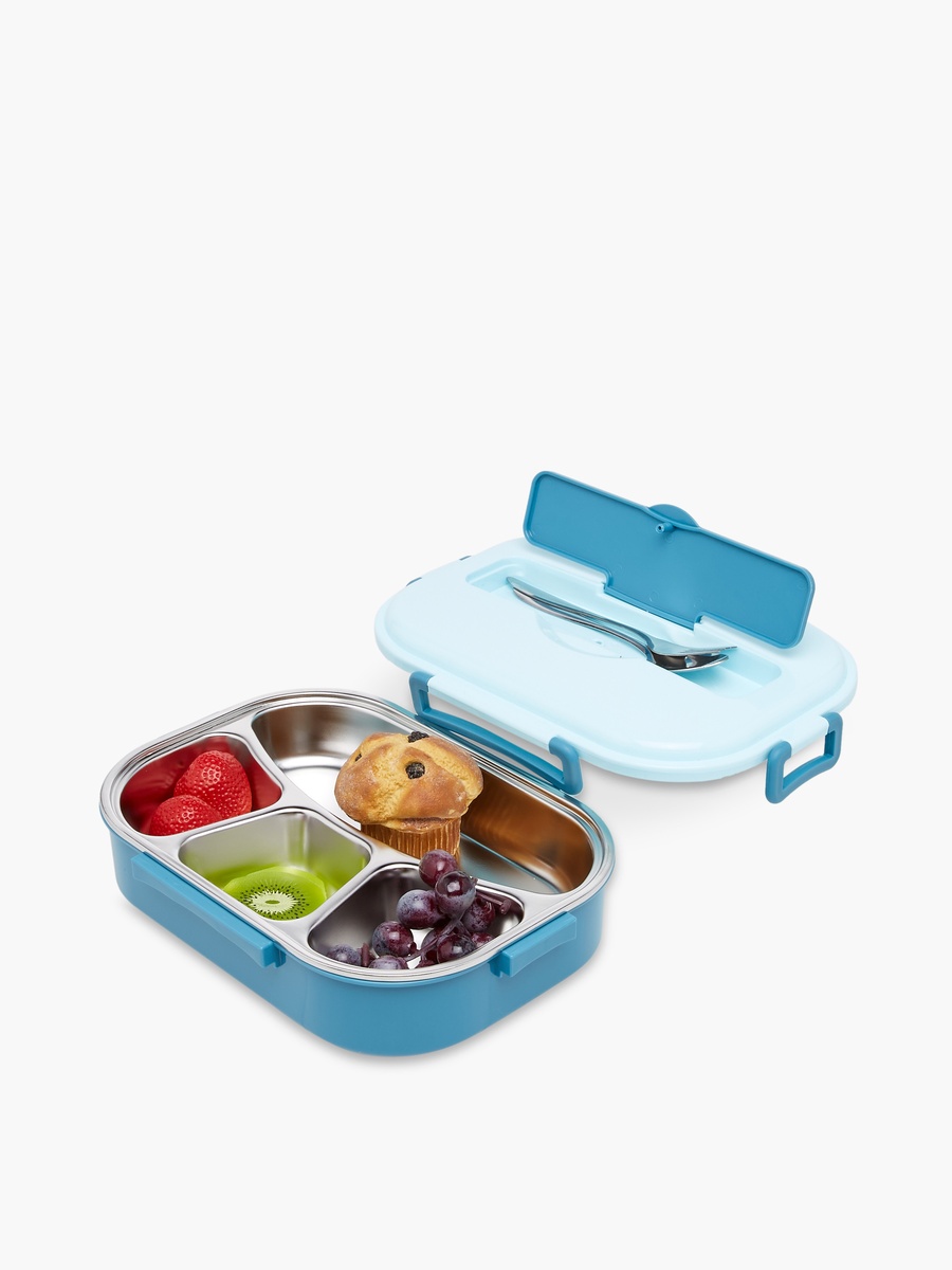 Solid Stainless Steel Sectioned Lunch Box with Cutlery and Clip Lock Closure