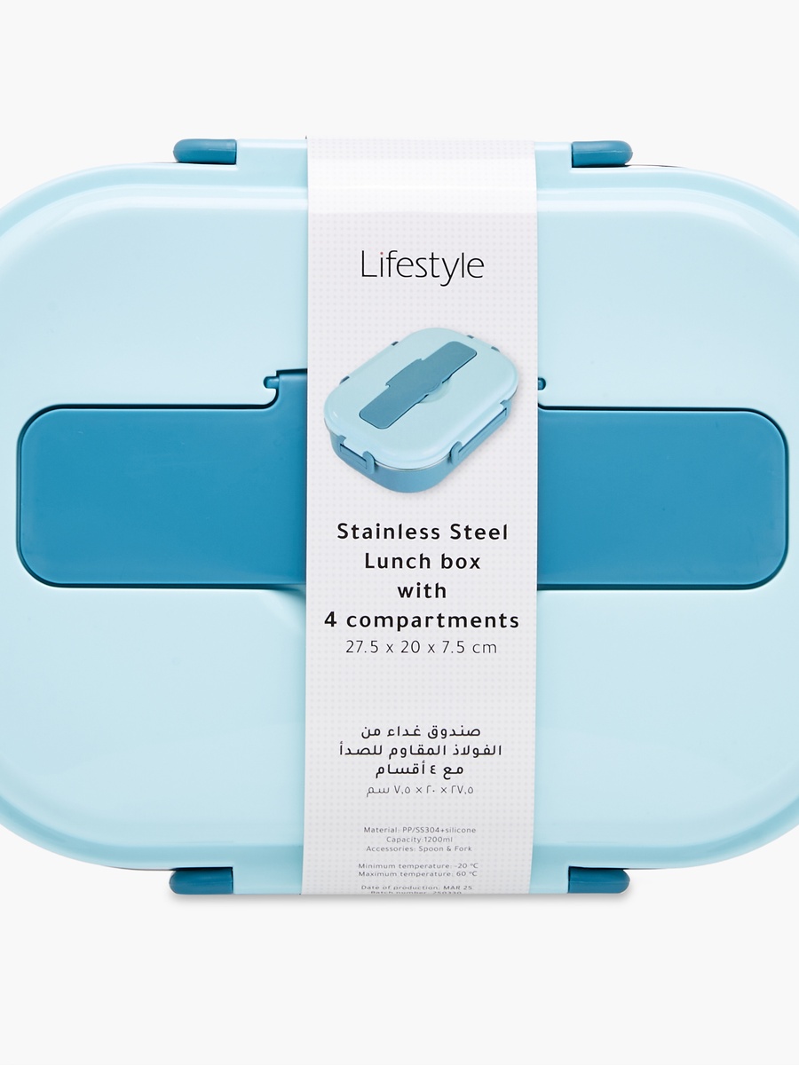 Solid Stainless Steel Sectioned Lunch Box with Cutlery and Clip Lock Closure
