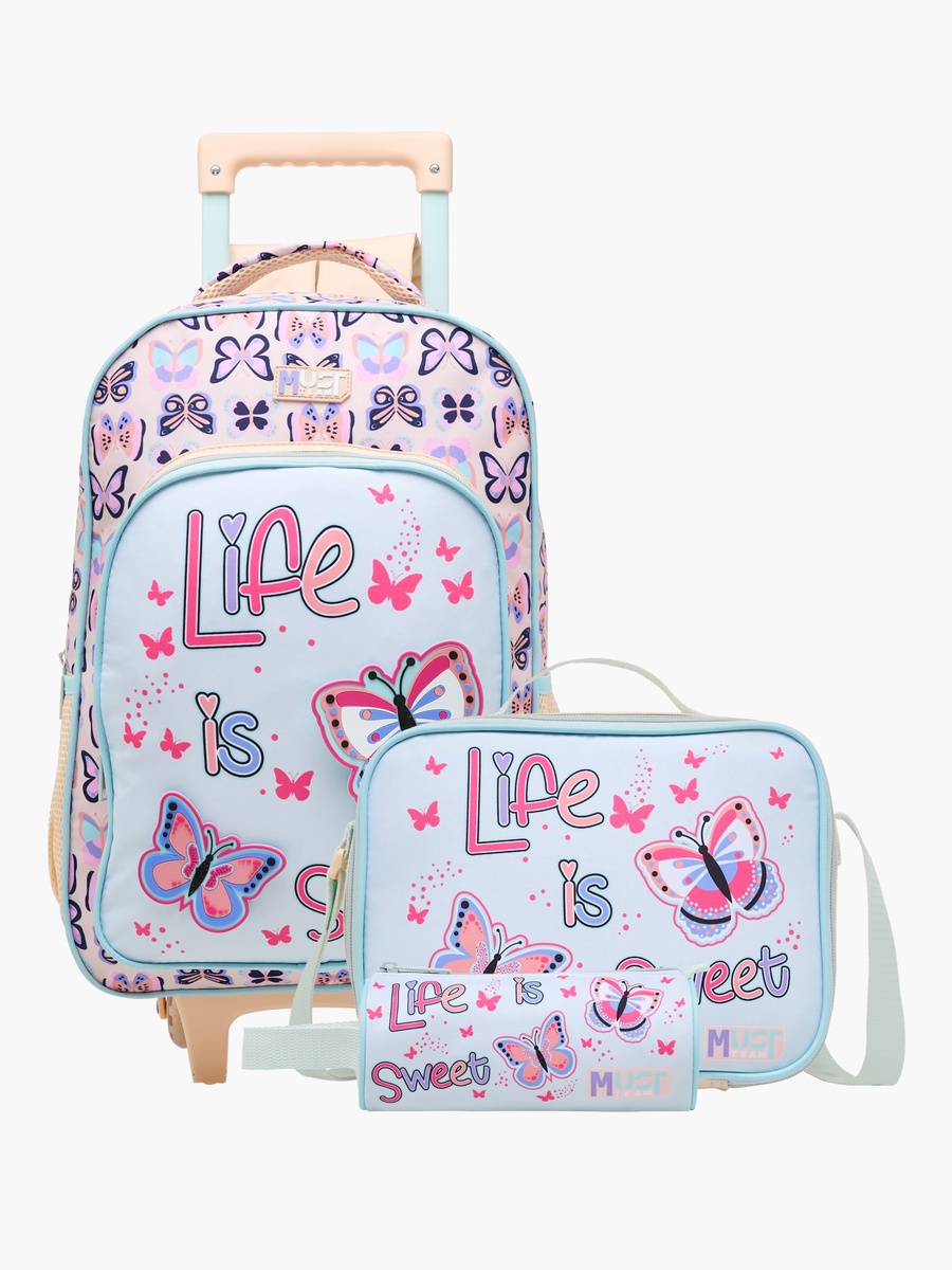3-Piece Butterfly Print 16-inch Trolley Backpack Set - 43x30x13 cm