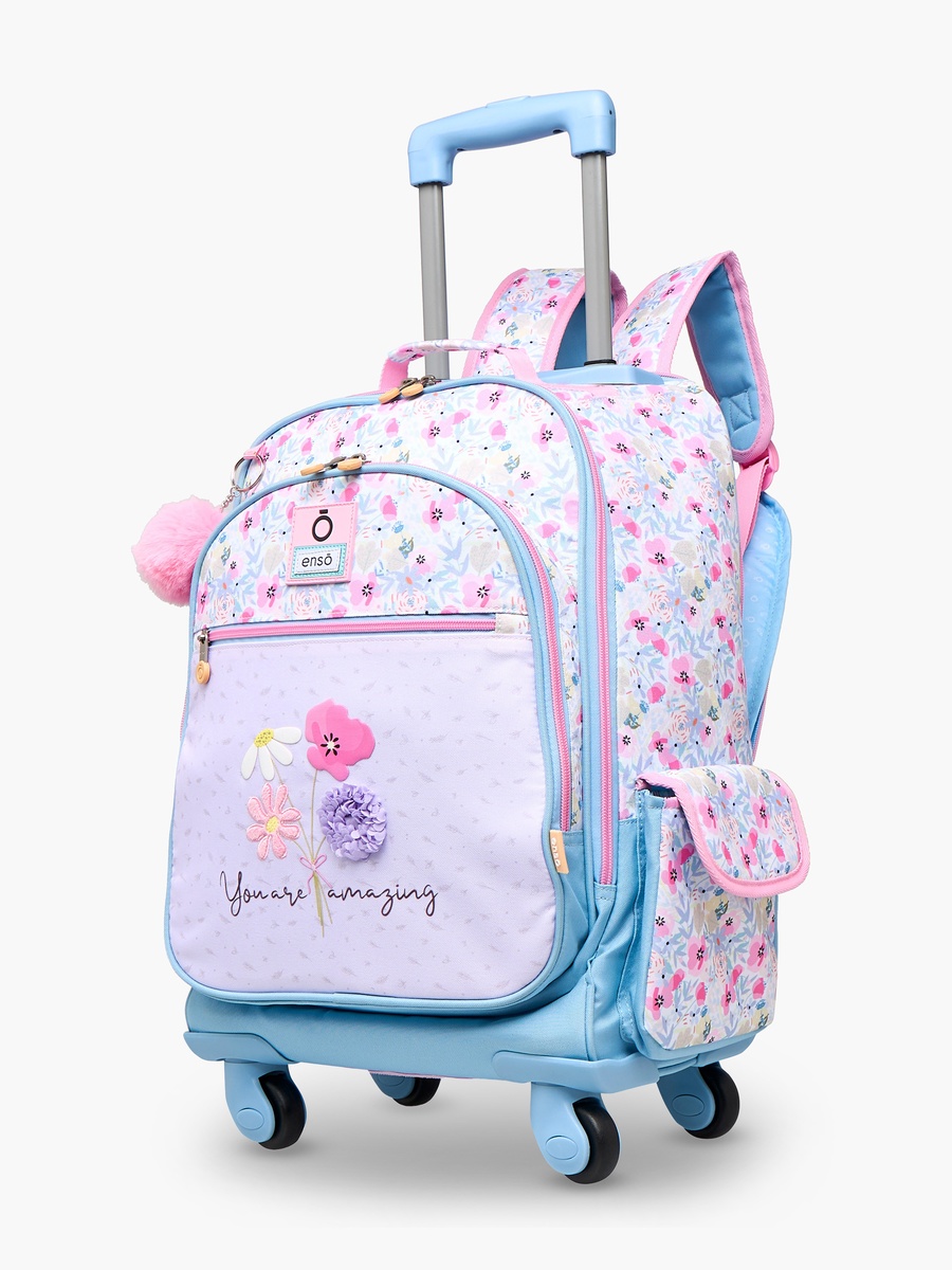 Floral Print Trolley Backpack with Retractable Handle and Zip Closure - 33x44x21 cm