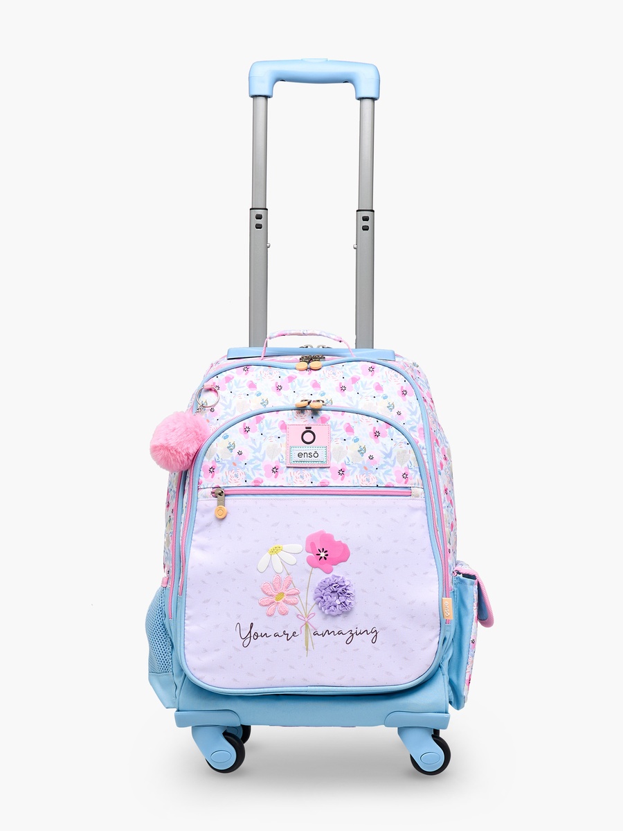Floral Print Trolley Backpack with Retractable Handle and Zip Closure - 33x44x21 cm