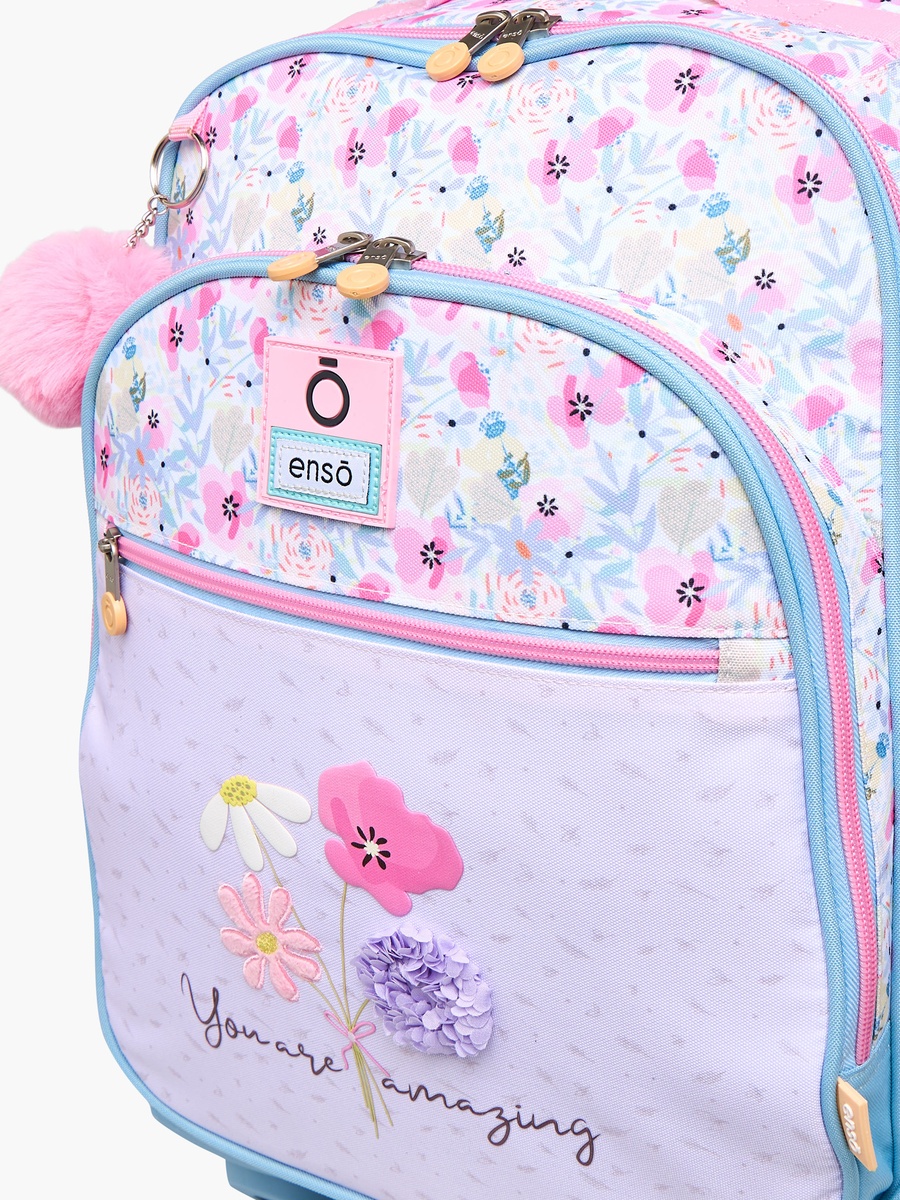 Floral Print Trolley Backpack with Retractable Handle and Zip Closure - 33x44x21 cm