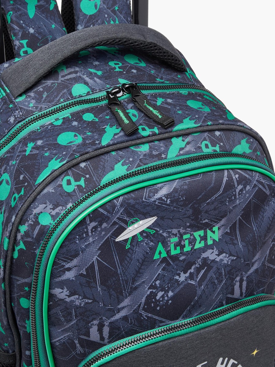 Alien Print 17-inch Trolley Backpack with Retractable Handle and Zip Closure - 32x15x43 cm