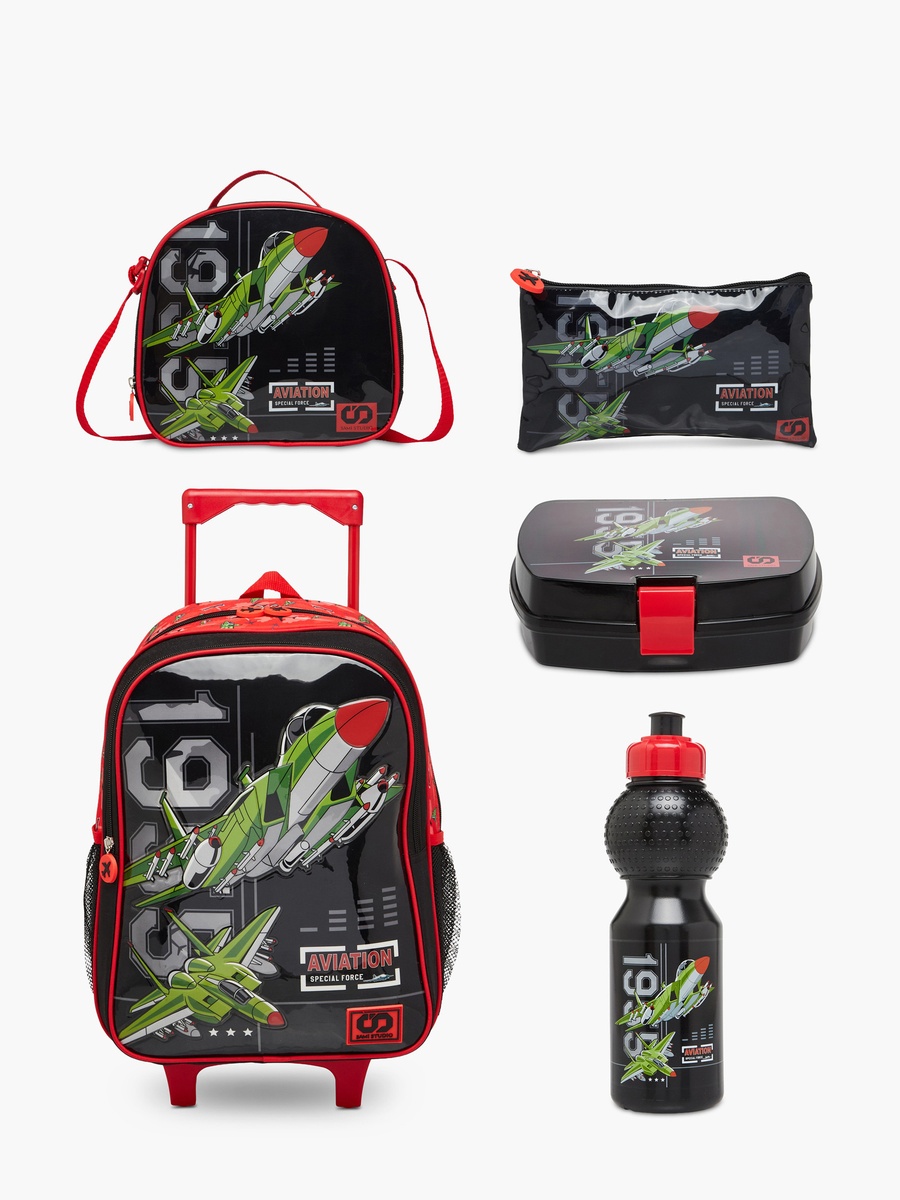 5-Piece Aviation Print 16-inch Trolley Backpack Set - 34x20x48 cm