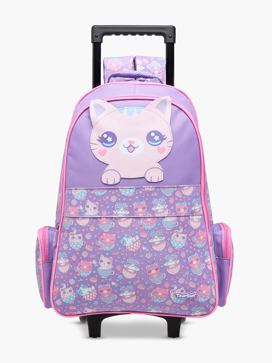 Cat Applique Trolley Backpack with Retractable Handle and Zip Closure - 35x18x50 cm