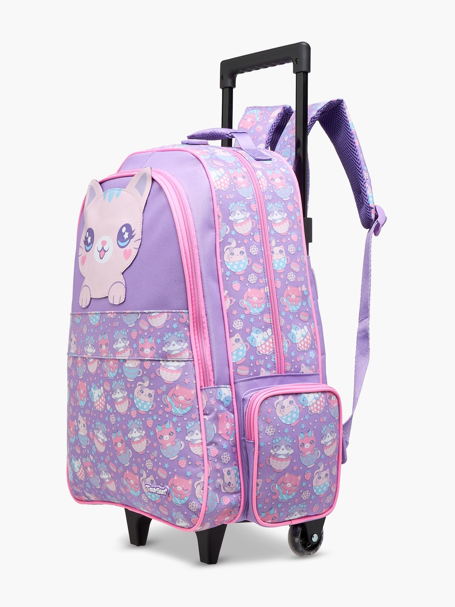 Cat Applique Trolley Backpack with Retractable Handle and Zip Closure - 35x18x50 cm