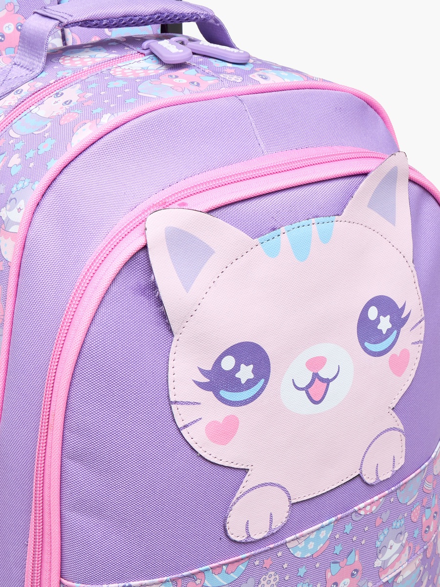 Cat Applique Trolley Backpack with Retractable Handle and Zip Closure - 35x18x50 cm