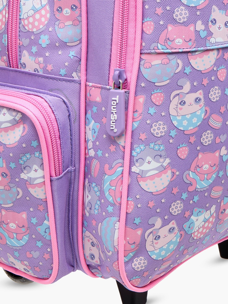 Cat Applique Trolley Backpack with Retractable Handle and Zip Closure - 35x18x50 cm