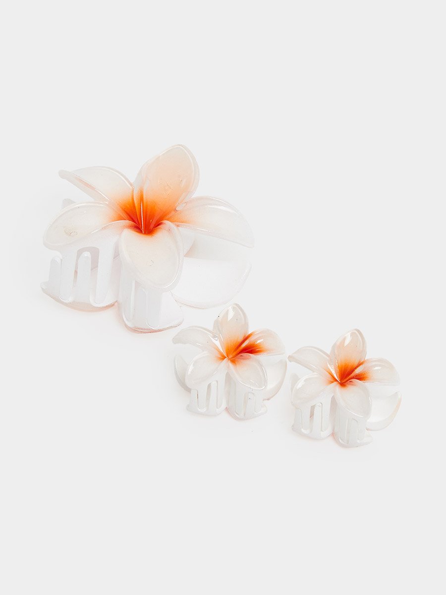 Set of 3 - White Flower Design Claw Clip