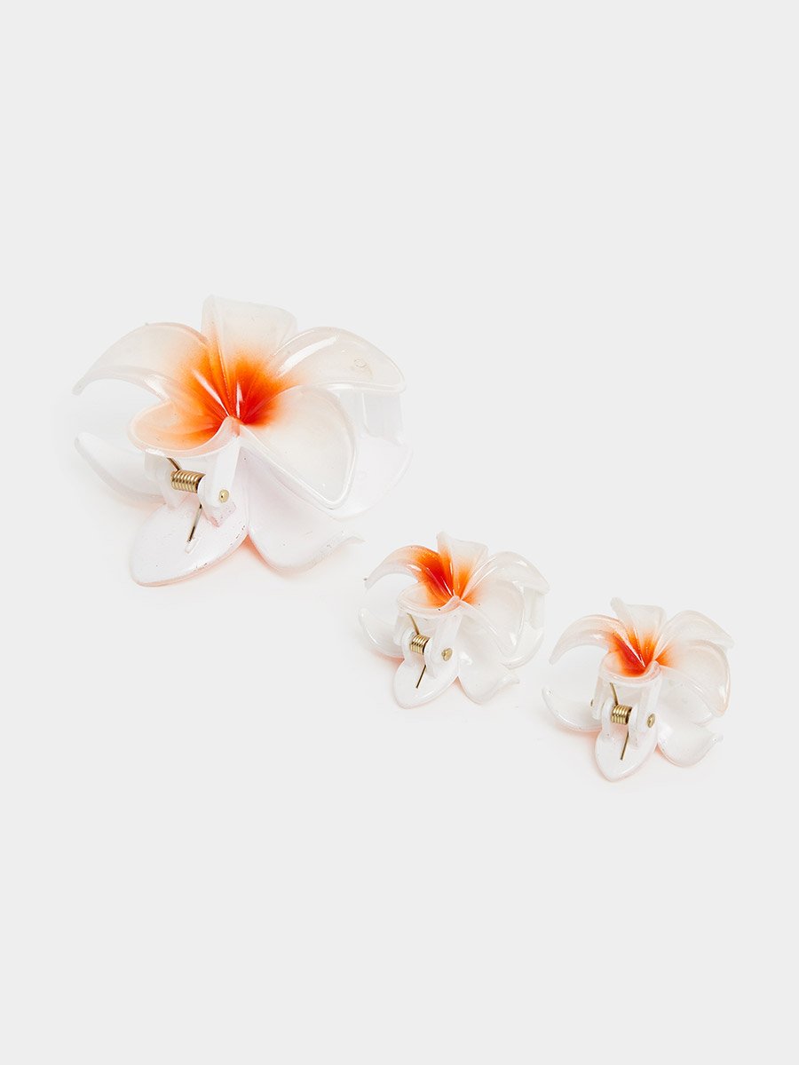 Set of 3 - White Flower Design Claw Clip