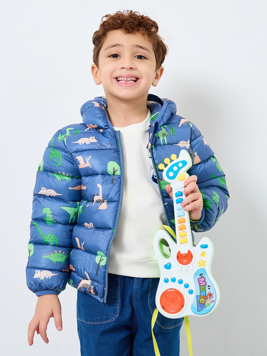 Boys Blue Dinosaur Print Puffer Jacket with Hood