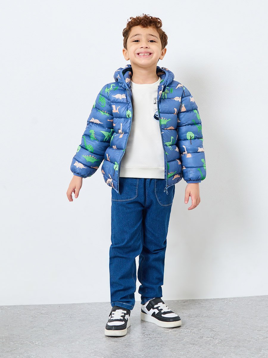 Boys Blue Dinosaur Print Puffer Jacket with Hood