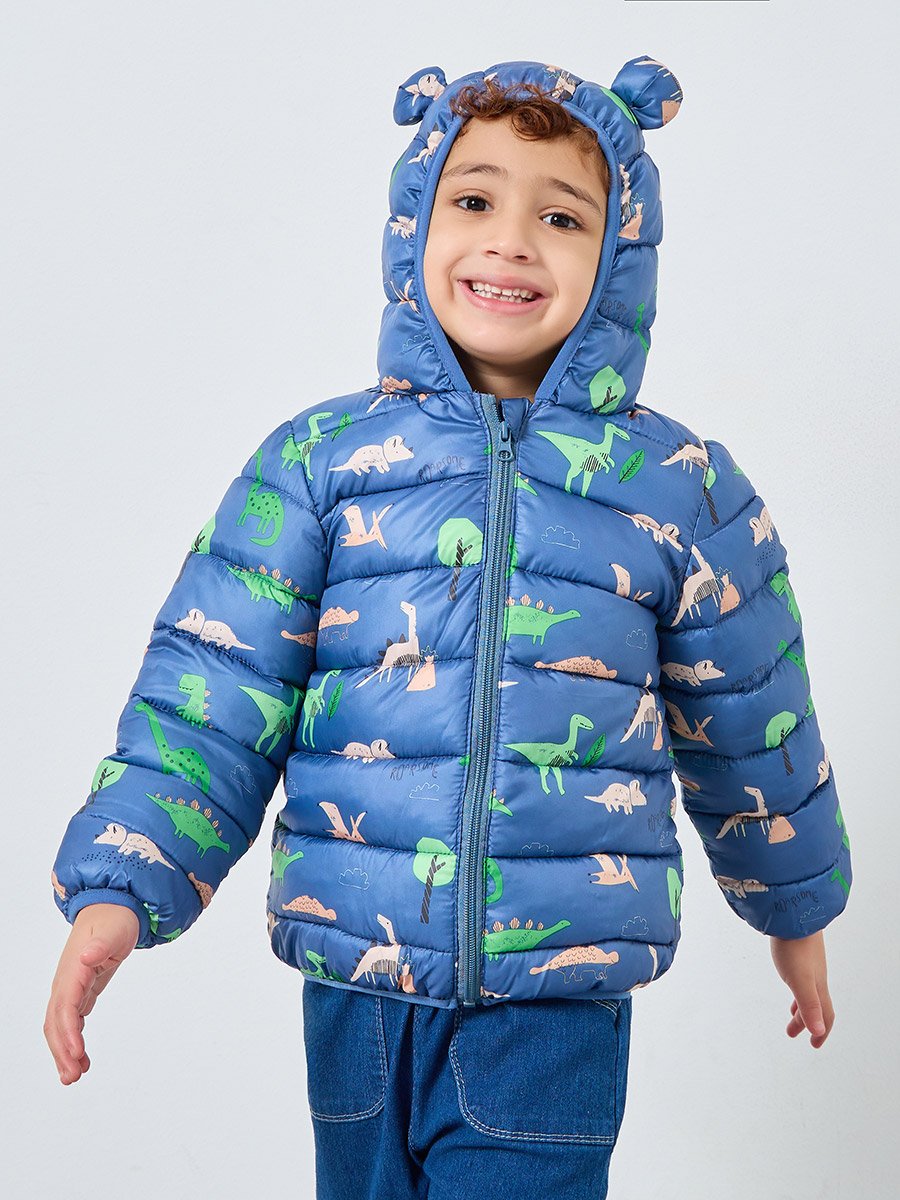 Boys Blue Dinosaur Print Puffer Jacket with Hood