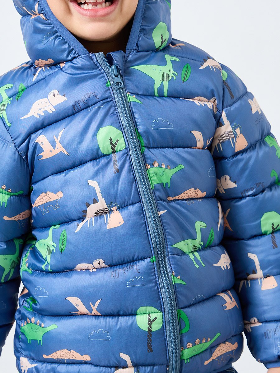 Boys Blue Dinosaur Print Puffer Jacket with Hood