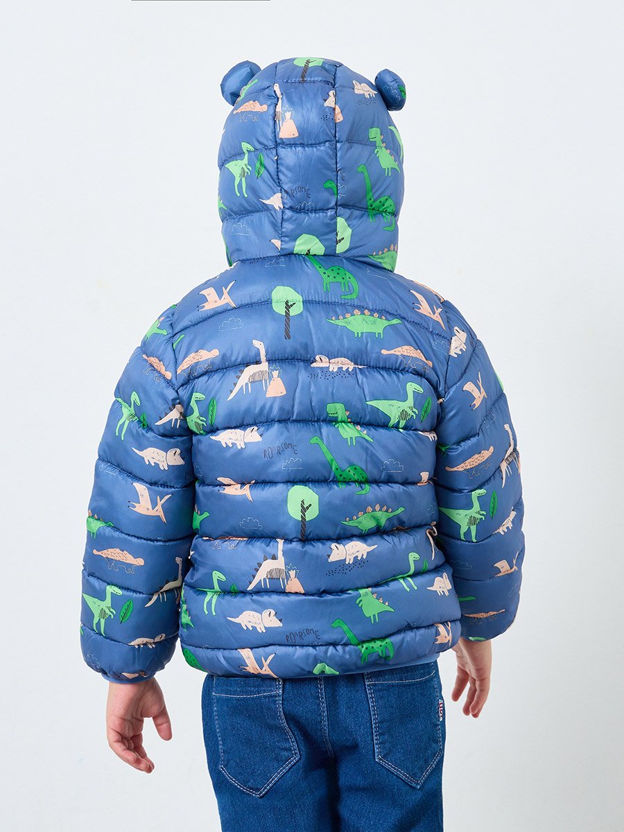 Boys Blue Dinosaur Print Puffer Jacket with Hood