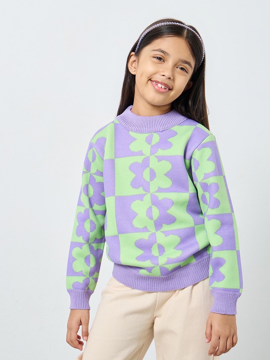 Girls Multi Flower Pattern Knit Sweater