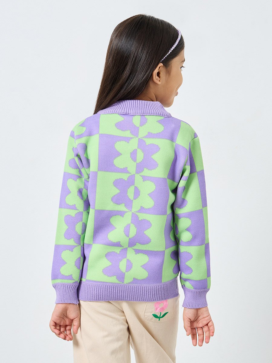 Girls Multi Flower Pattern Knit Sweater