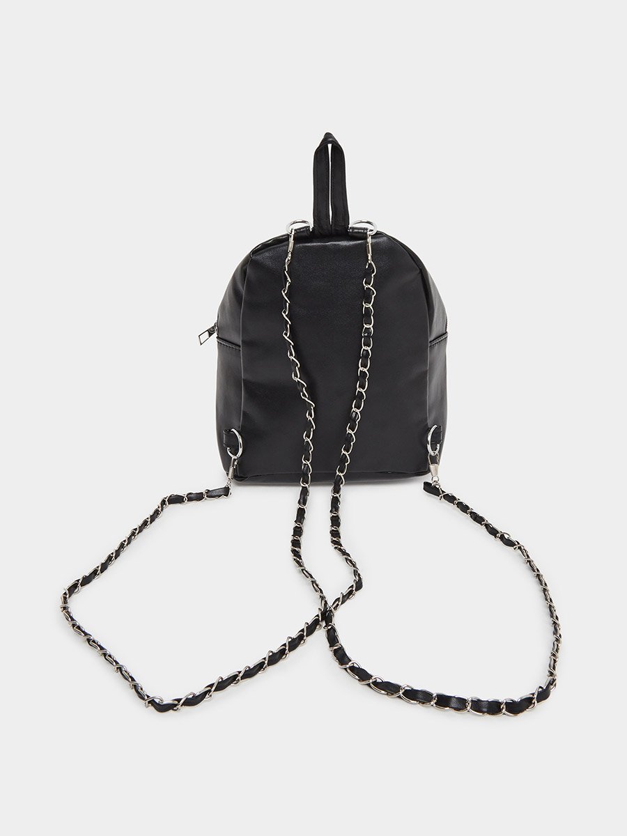 Black Embellished Mini Backpack with Chain Straps