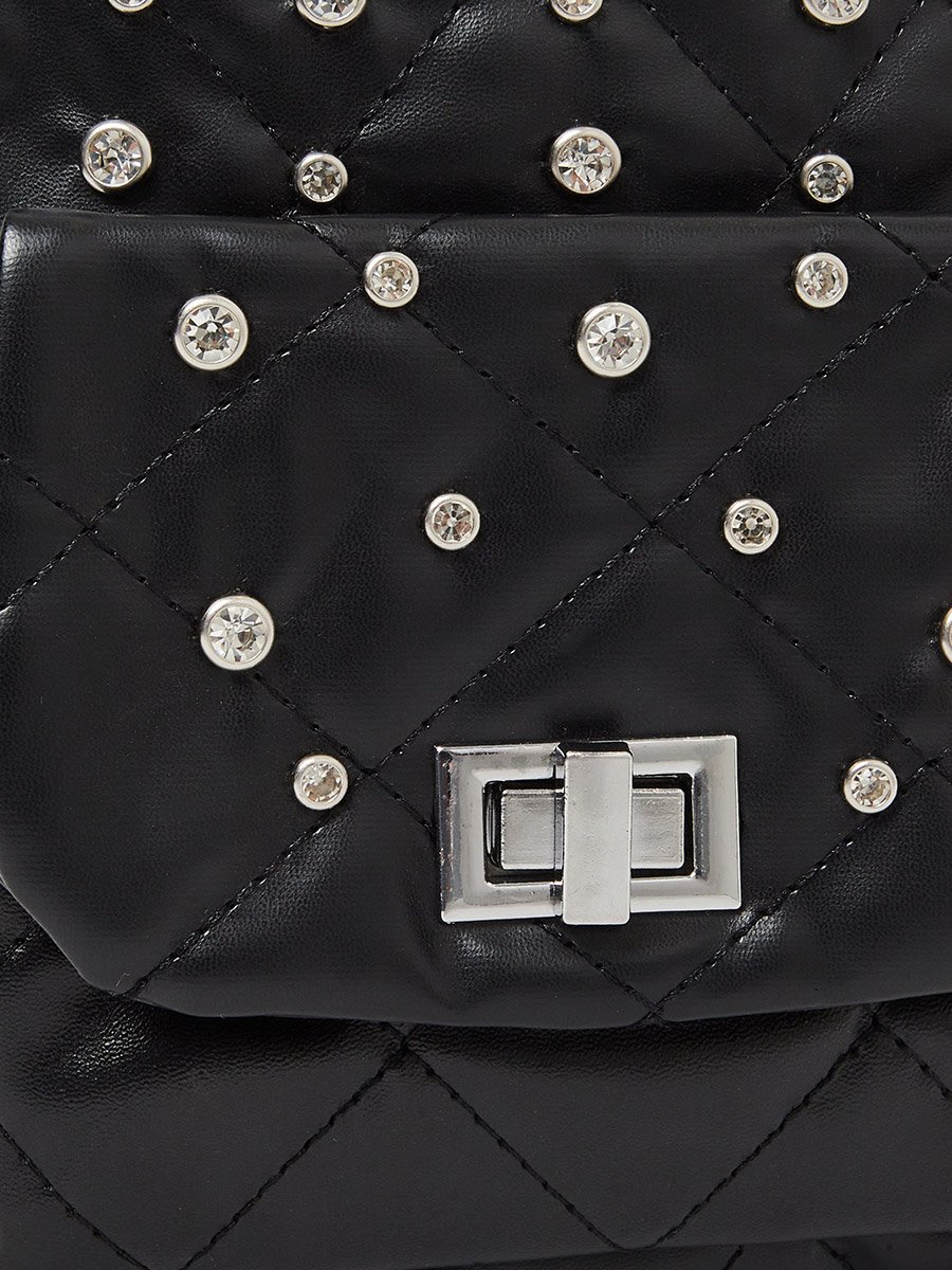 Black Embellished Mini Backpack with Chain Straps