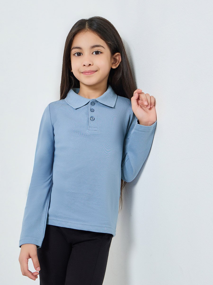 Girls Light Blue Long Sleeve Polo T-Shirt - Unisex