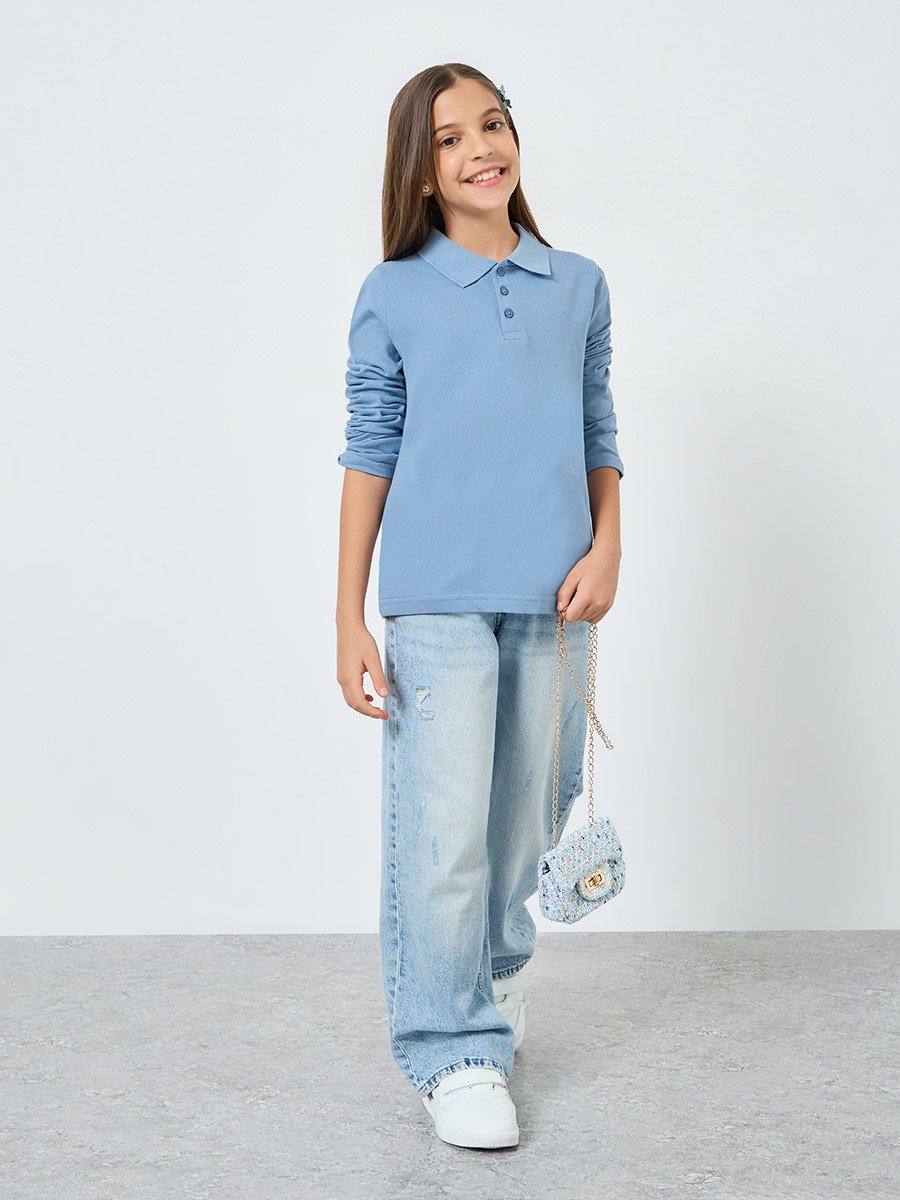 Teens Light Blue Long Sleeve Polo T-Shirt - Unisex