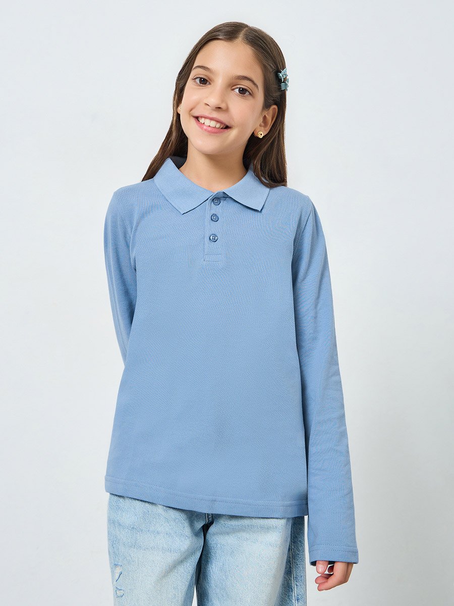 Teens Light Blue Long Sleeve Polo T-Shirt - Unisex