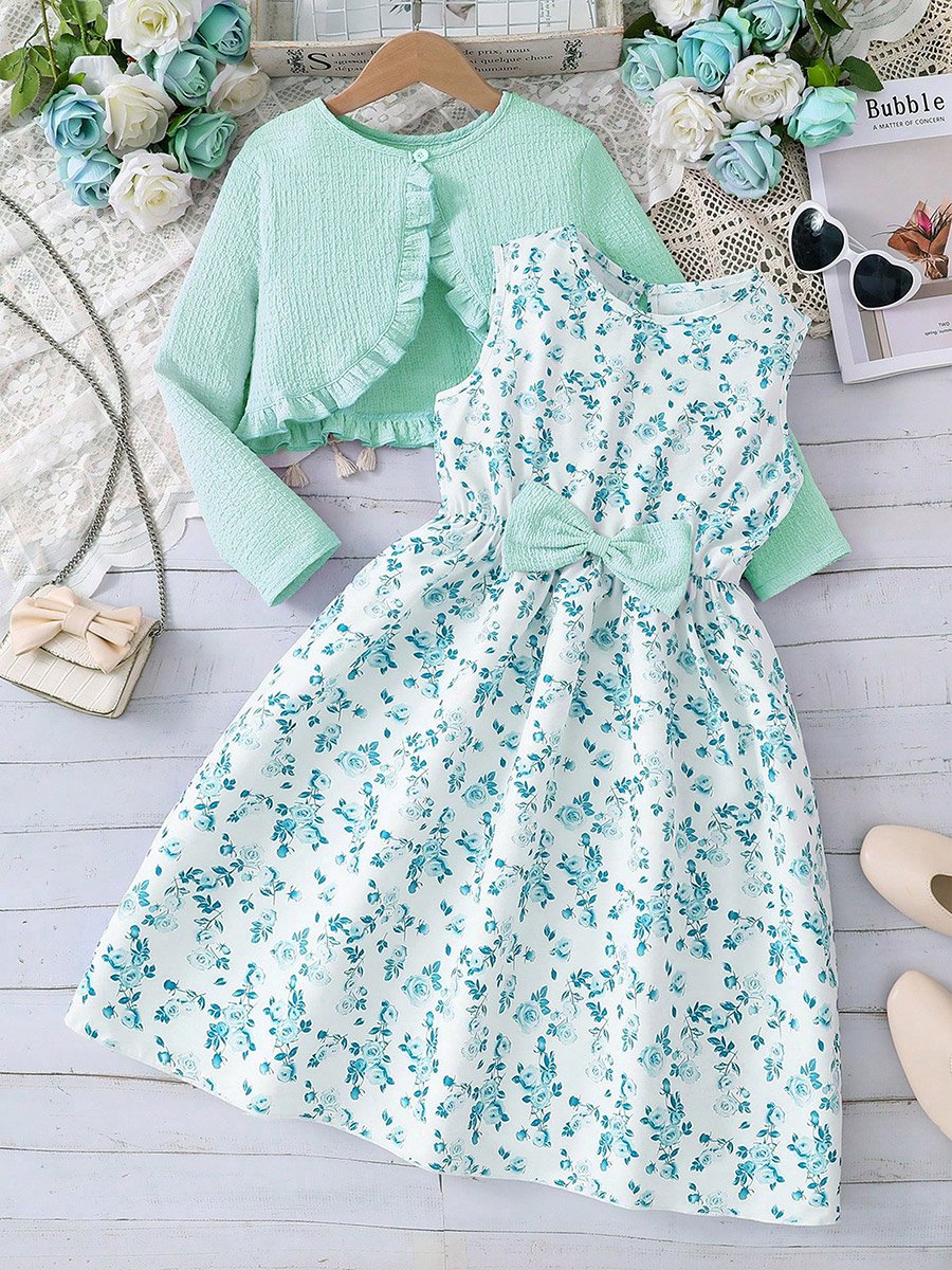 Teens Green Floral Dress and Bolero Set For Kids at Bahrain | Styli
