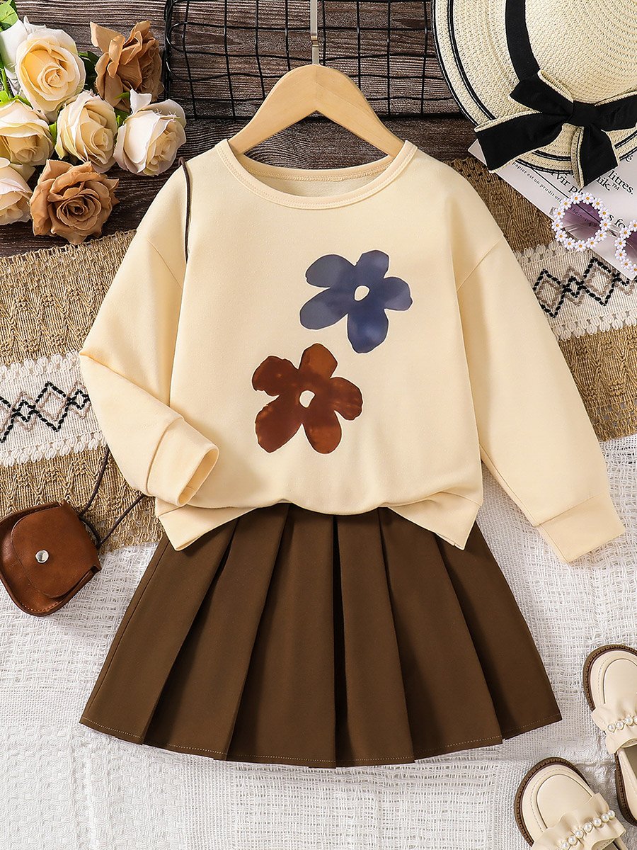 Girls Floral Sweatshirt and Pleated Skirt Set