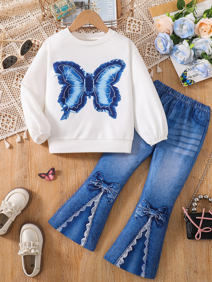 Girls Butterfly Print Top and Flare Pants Set