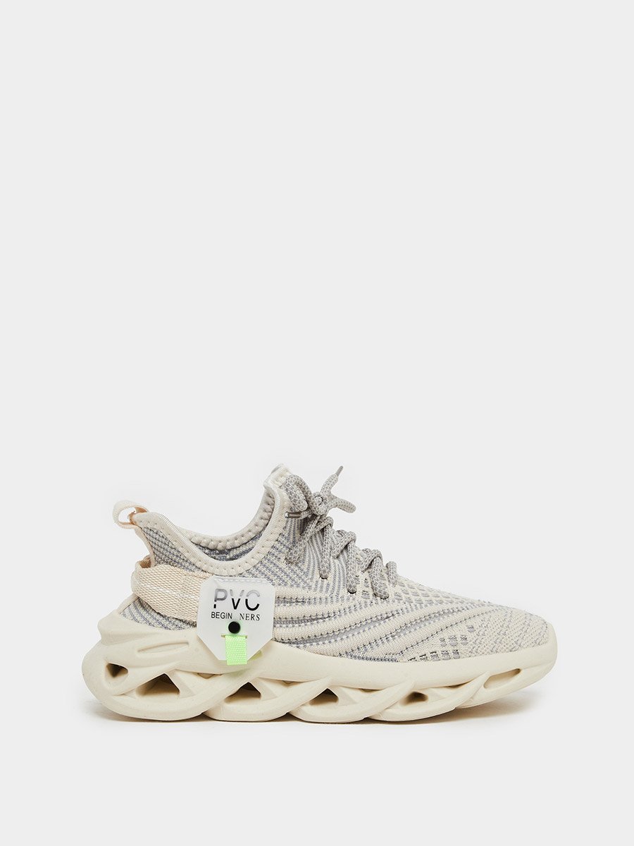 Boys Cream Mesh Upper Lace Up Sport Sneakers
