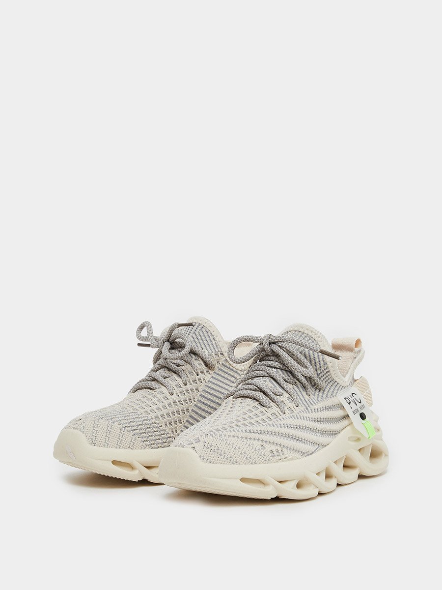 Boys Cream Mesh Upper Lace Up Sport Sneakers