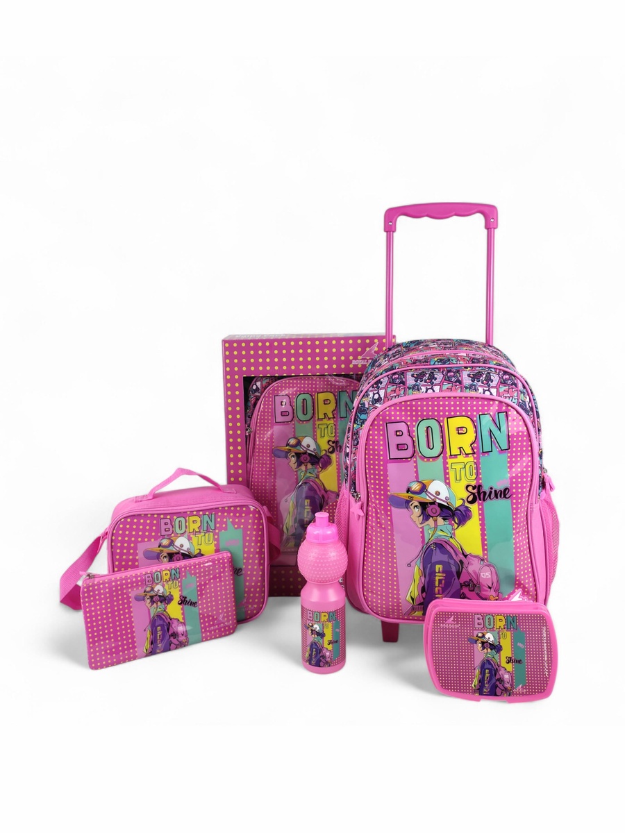 5-Piece Slogan Print 16-inch Trolley Backpack Set - 45x31x17 cm