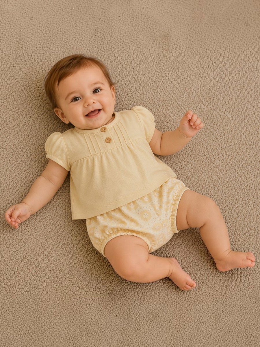 Girls Beige Cotton Top and Printed Shorts Set