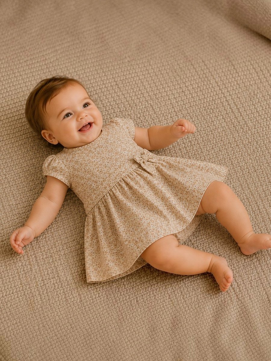 Baby Girls Beige Ditsy Print Cotton Dress