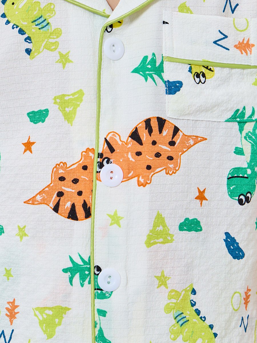 Boy White Dino Graphic Print Shirt and Pyjama Set