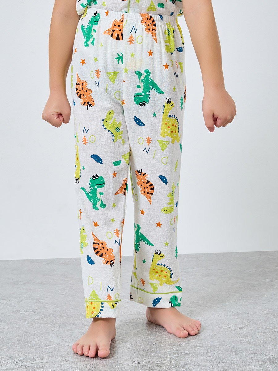 Boy White Dino Graphic Print Shirt and Pyjama Set